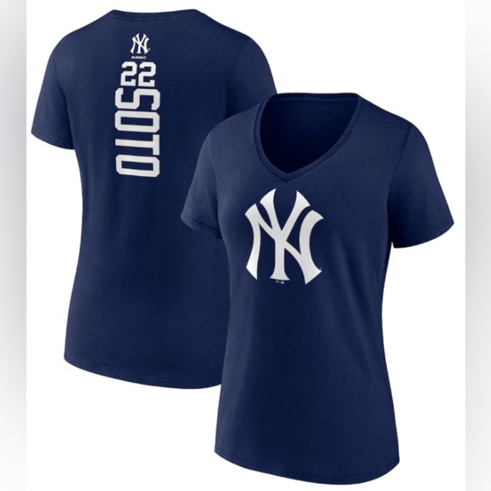 NEW - Juan Soto New York Yankees Women's Playmaker Name & Number V-Neck Tee Navy